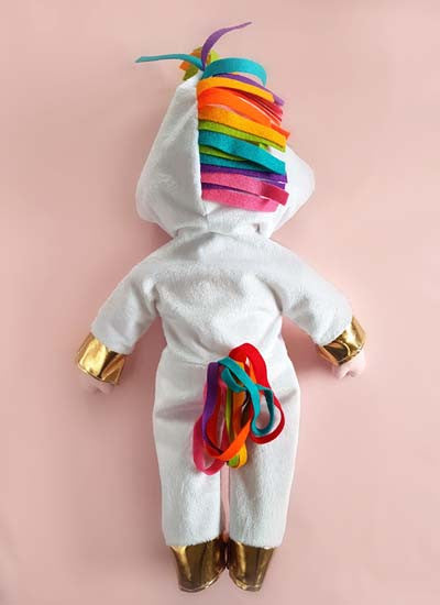 Dolly Pattern rag doll pattern for a unicorn onesie jumpsuit