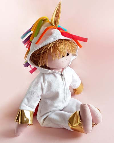 Dolly Pattern rag doll pattern for a unicorn onesie jumpsuit