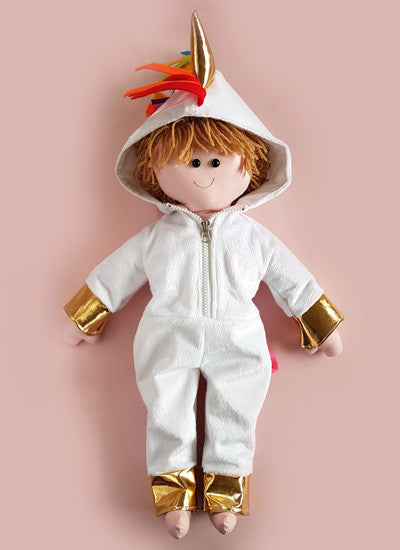 Dolly Pattern rag doll pattern for a unicorn onesie jumpsuit